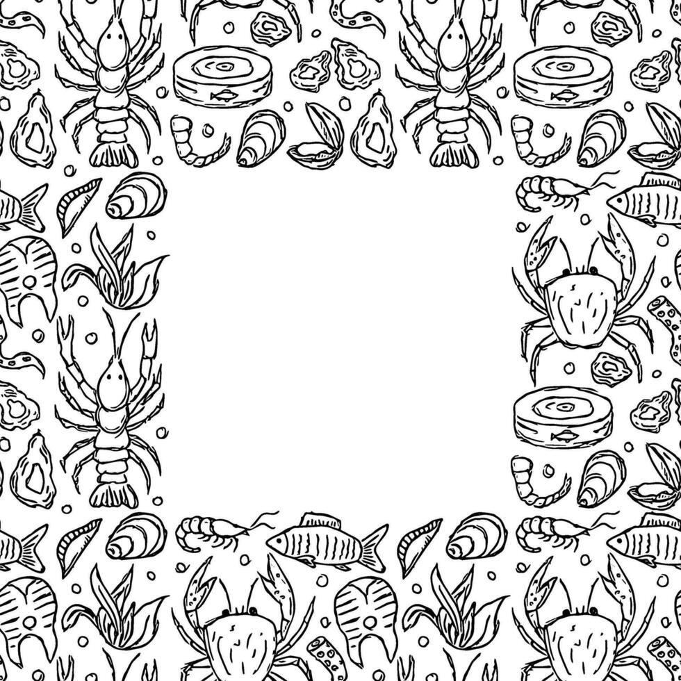 Seafood background. Drawn seafood illustration with place for text vector