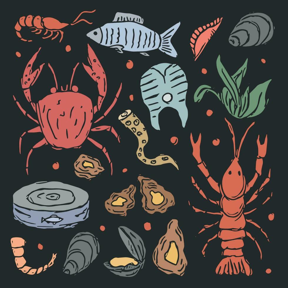 Seafood icons. Drawn seafood background vector