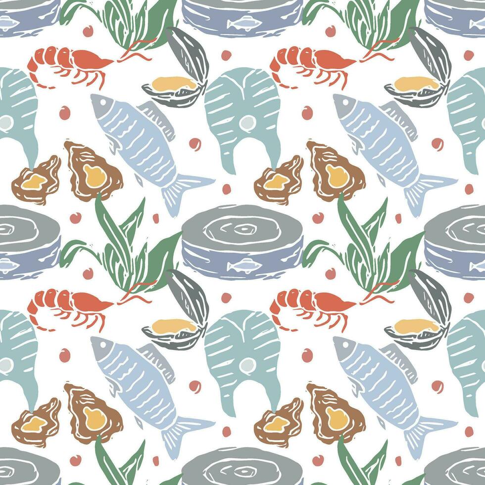 Colored seafood pattern. Drawn seafood background vector