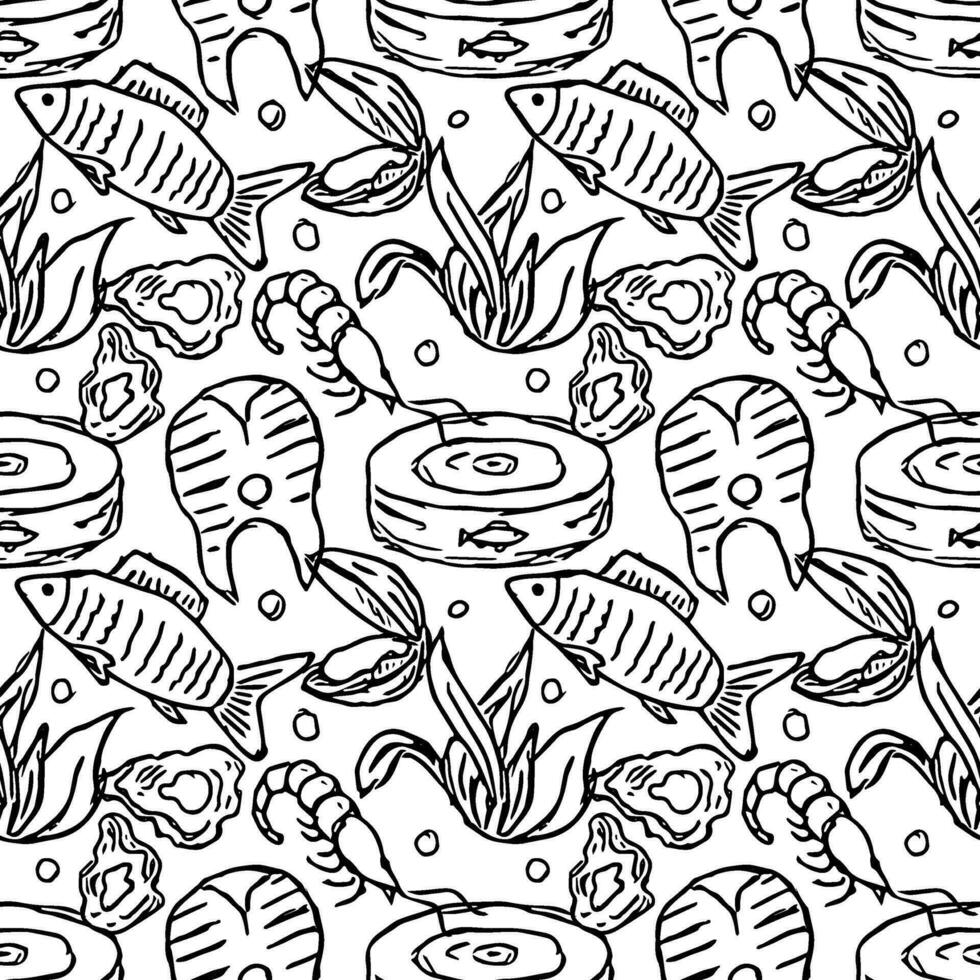 Seamless seafood pattern. Drawn seafood background vector