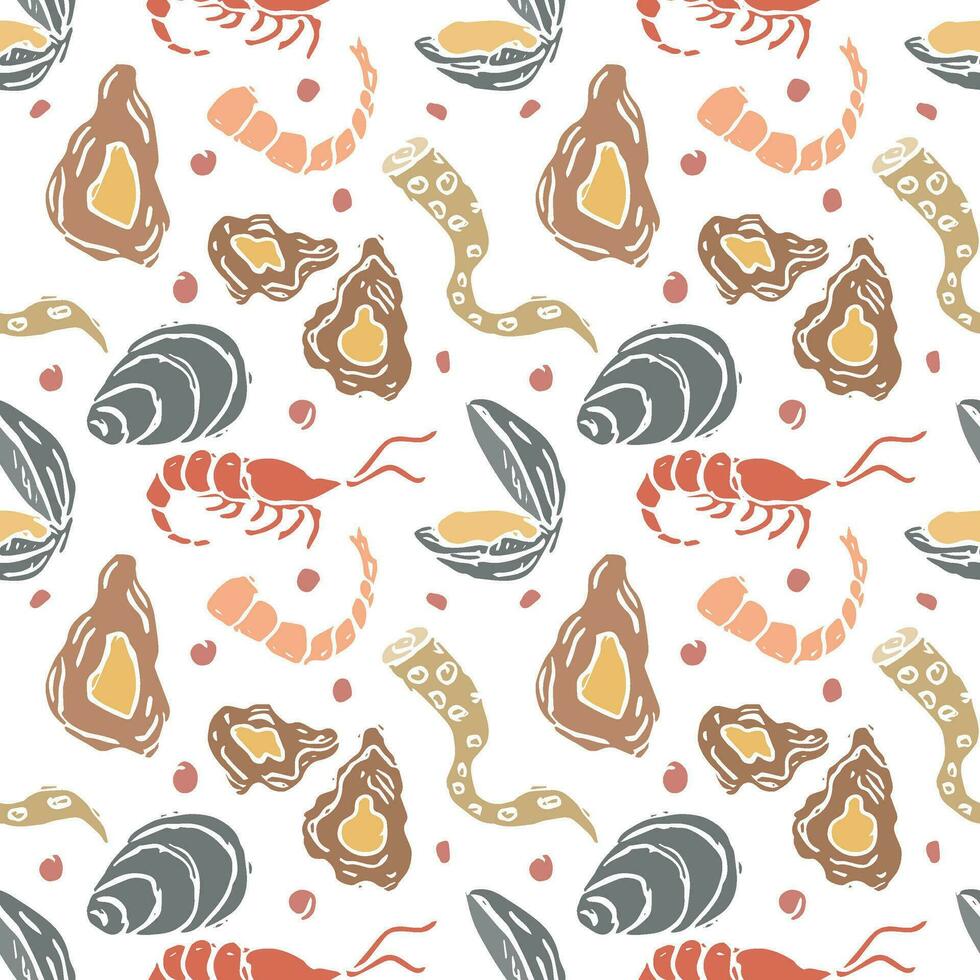Colored seafood pattern. Drawn seafood background vector