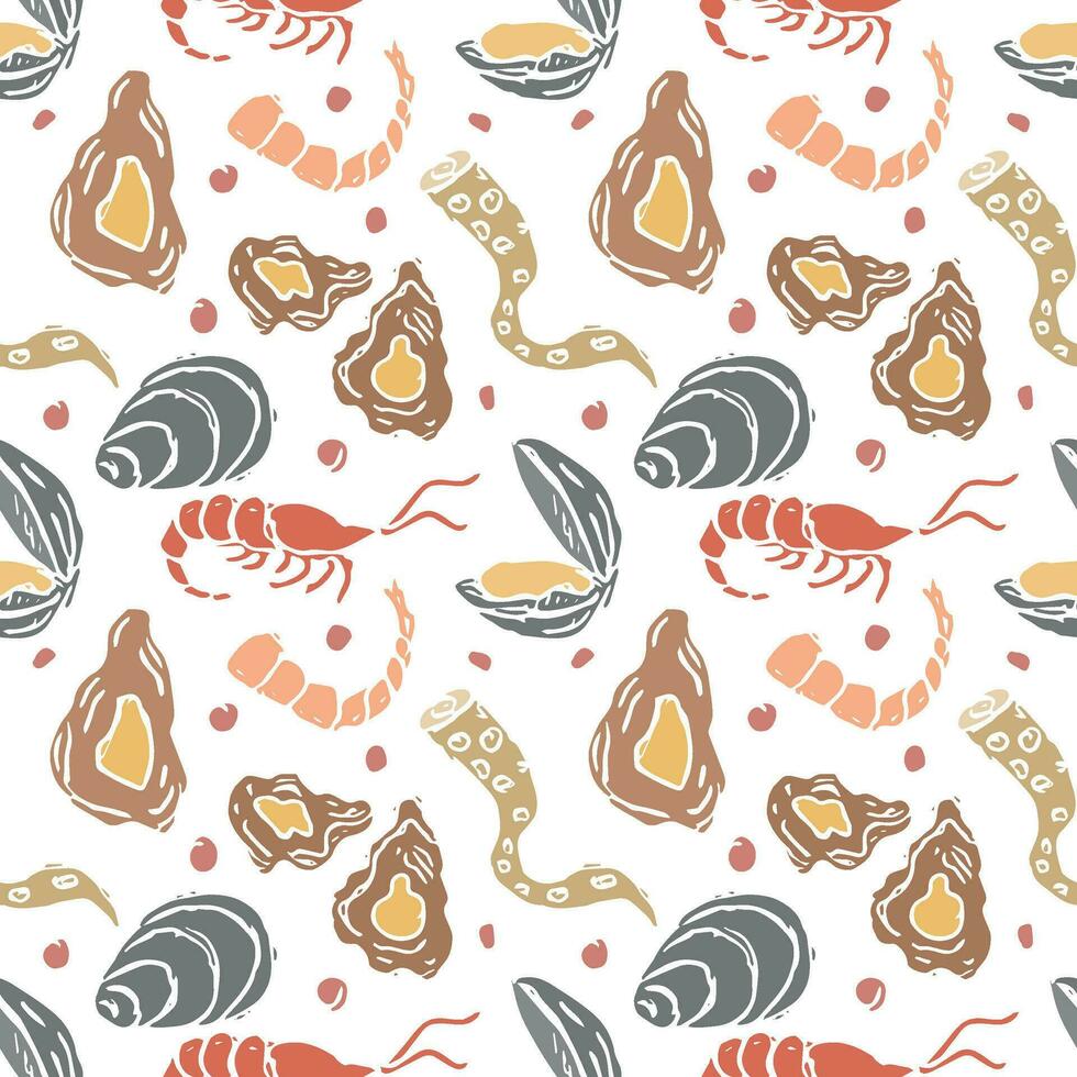 Colored seafood pattern. Drawn seafood background vector