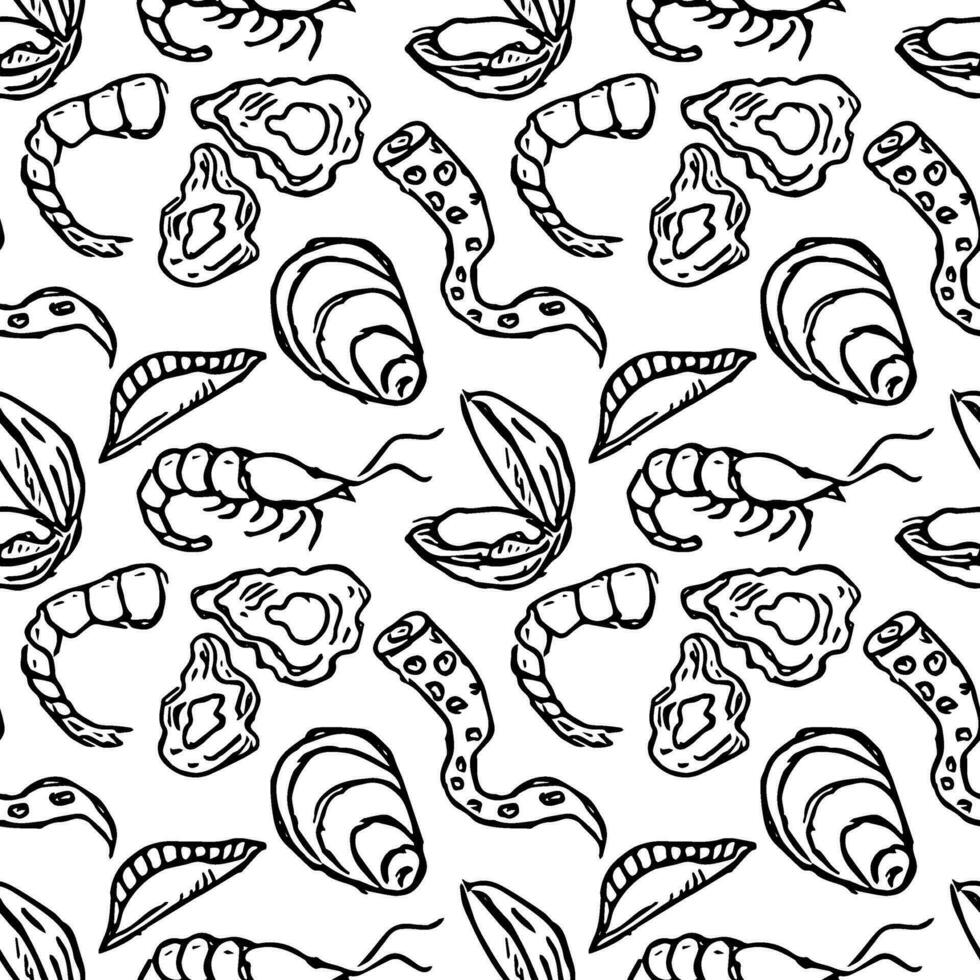 Seamless seafood pattern. Drawn seafood background vector