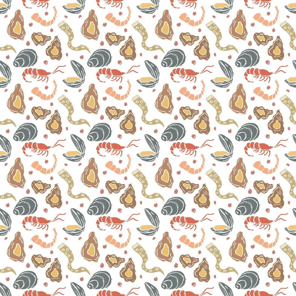 Colored seafood pattern. Drawn seafood background vector