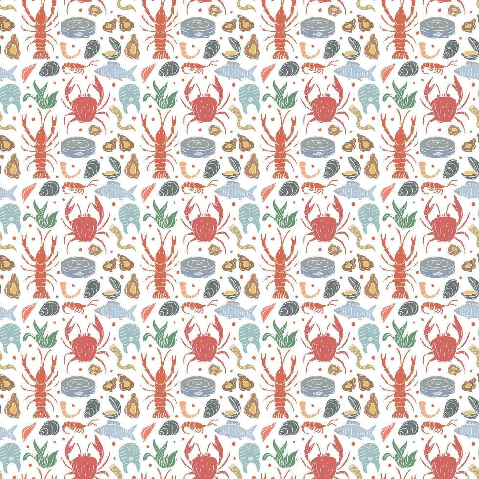 Seamless seafood pattern. Drawn seafood background vector