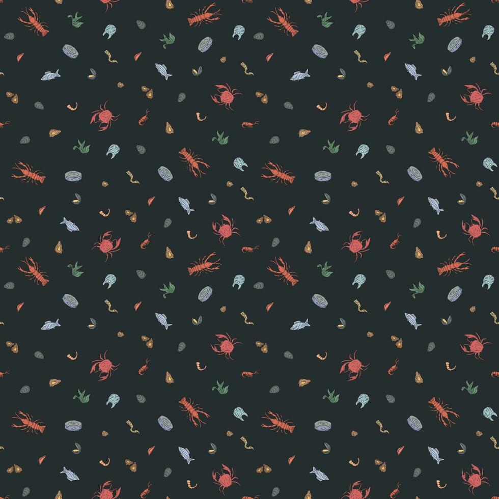 Seamless seafood pattern. Drawn seafood background vector