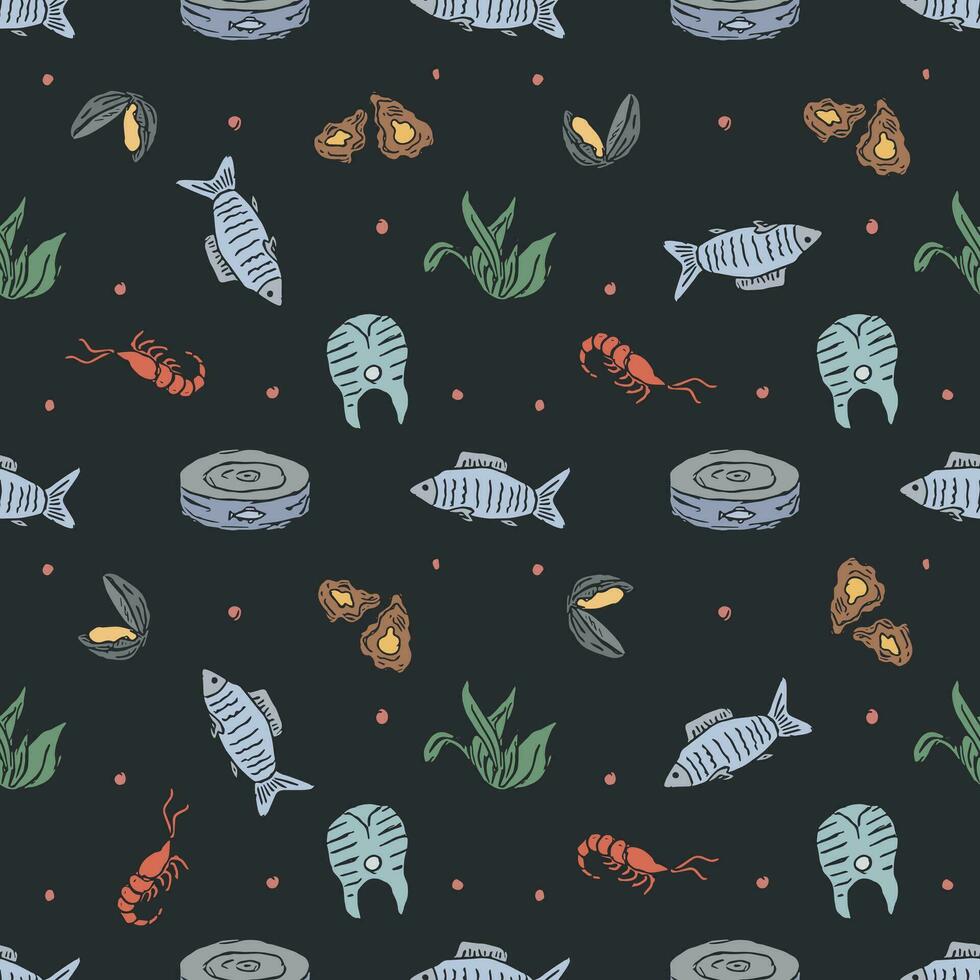 Colored seafood pattern. Drawn seafood background vector