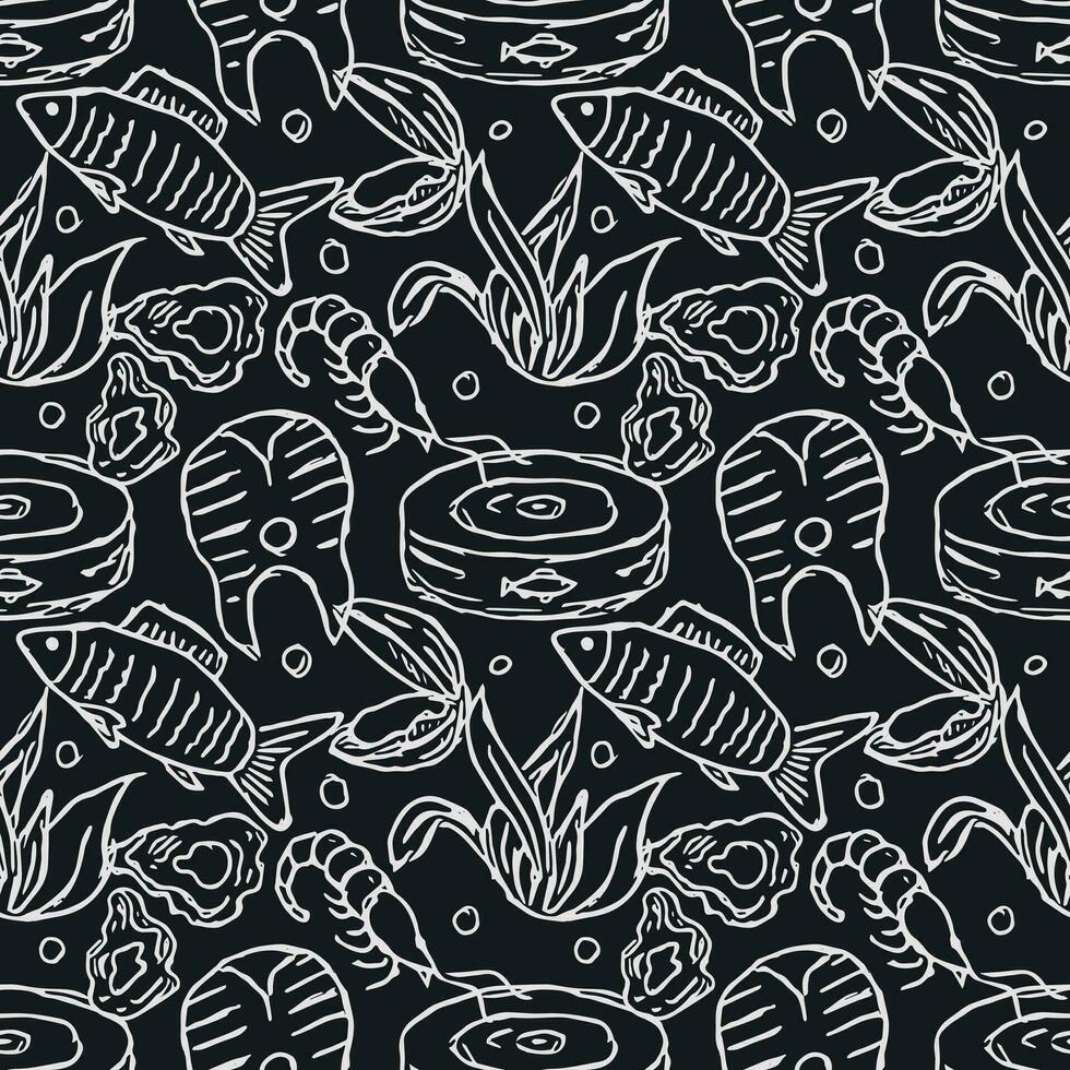 Seamless seafood pattern. Drawn seafood background vector