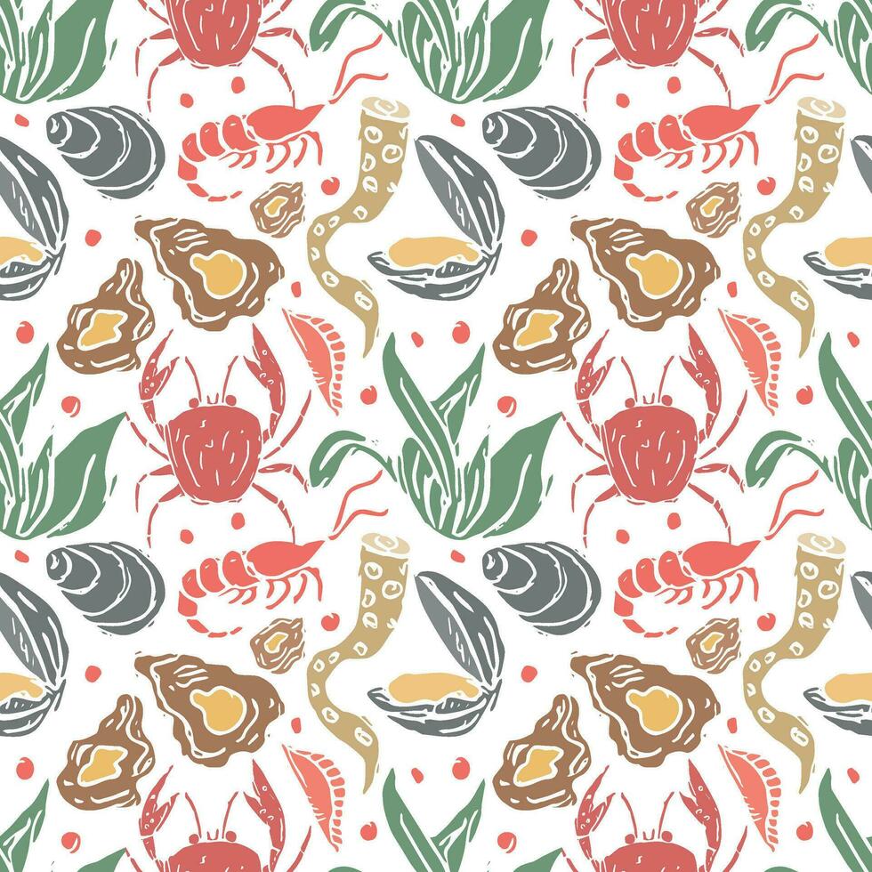 Colored seafood pattern. Drawn seafood background vector