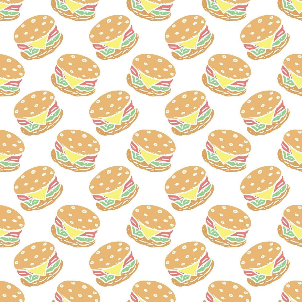 Seamless burger pattern. Drawn hamburger background. Doodle vector hamburger illustration