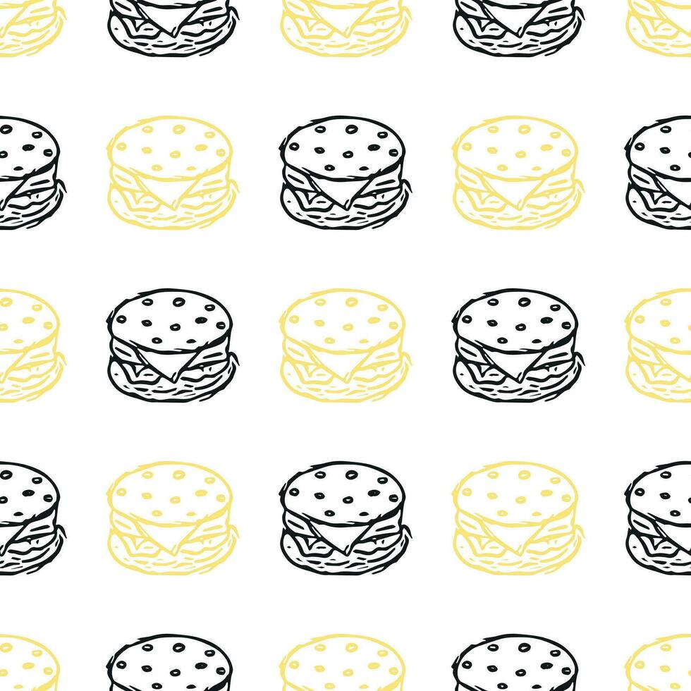 Seamless burger pattern. Drawn hamburger background. Doodle vector hamburger illustration