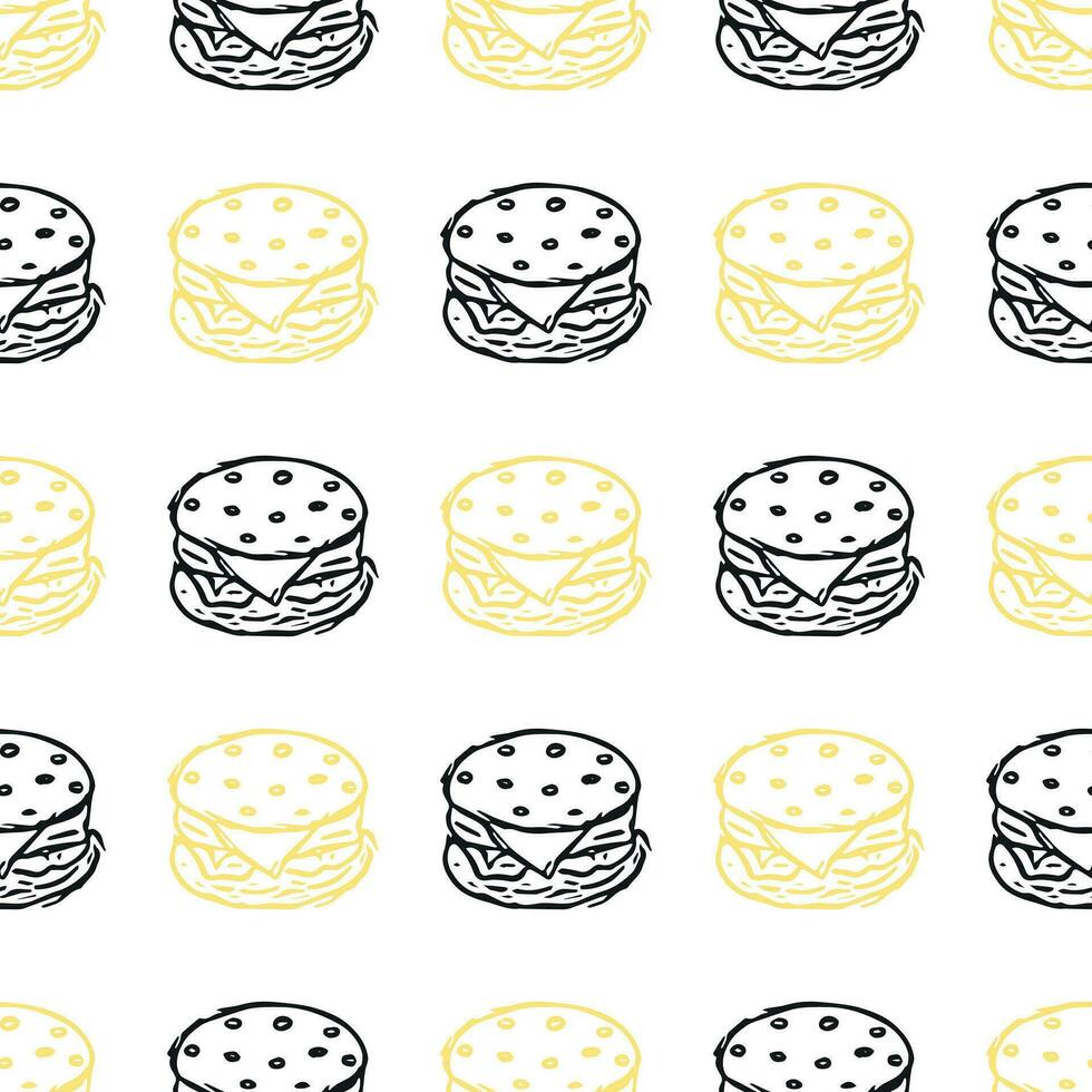 Seamless burger pattern. Drawn hamburger background. Doodle vector hamburger illustration