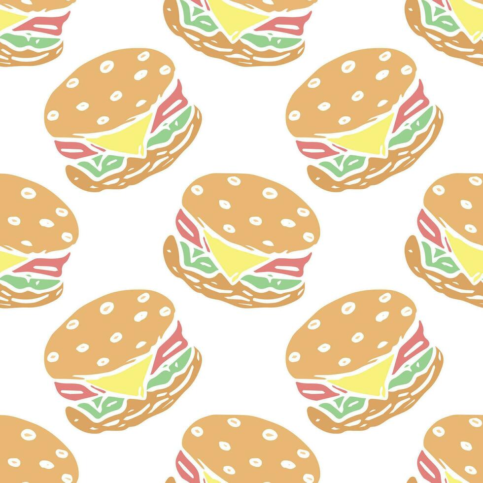 Seamless burger pattern. Drawn hamburger background. Doodle vector hamburger illustration