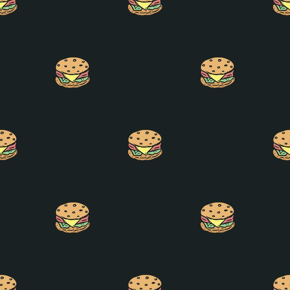 Seamless burger pattern. Drawn hamburger background. Doodle vector hamburger illustration