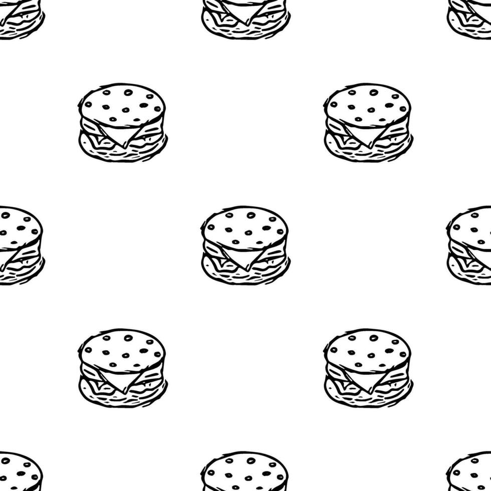 Seamless burger pattern. Drawn hamburger background. Doodle vector hamburger illustration