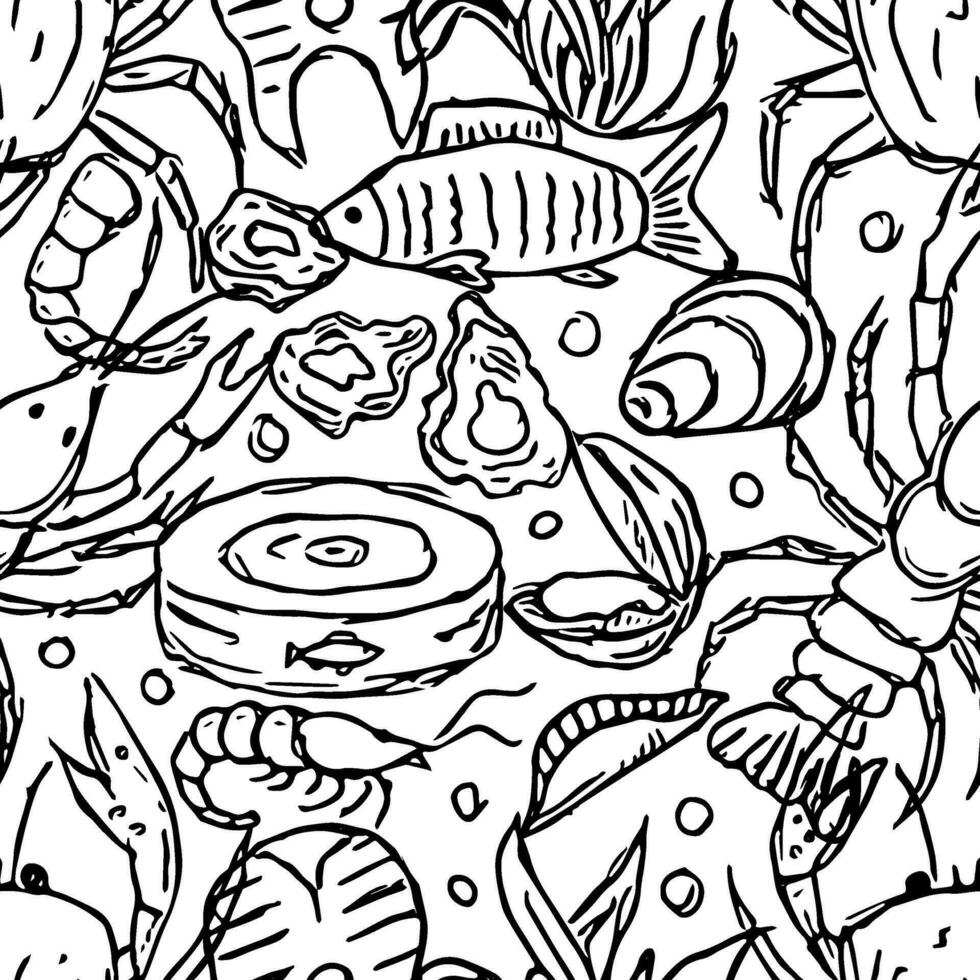 Seamless seafood pattern. Drawn seafood background vector