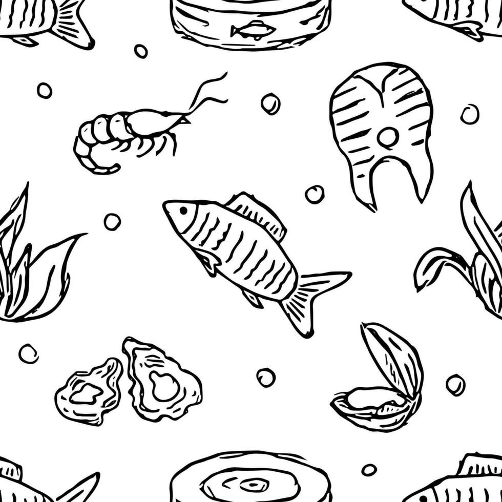 Seamless seafood pattern. Drawn seafood background vector