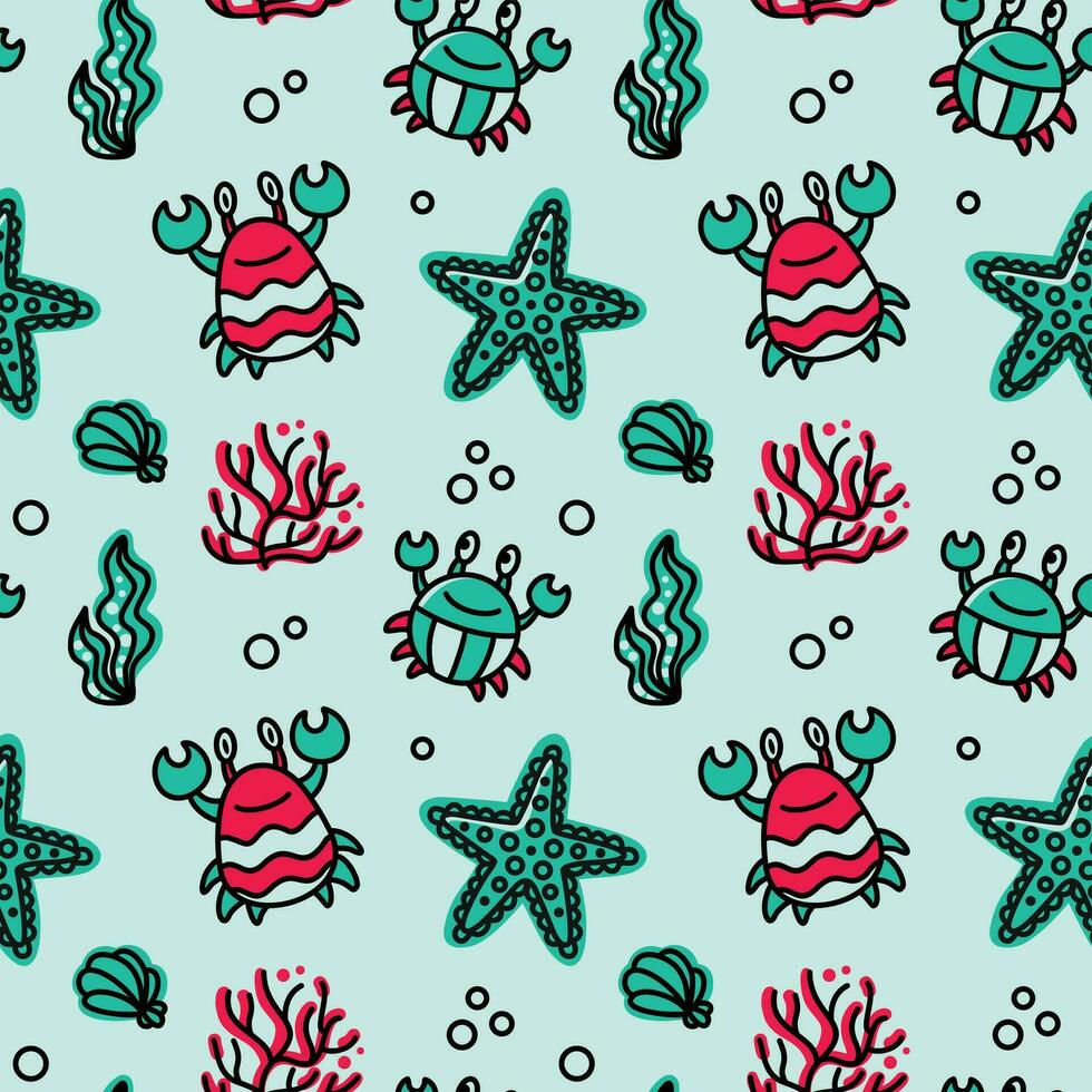 Funny crab and sea life. Children's print on a turquoise background. Seamless pattern. vector