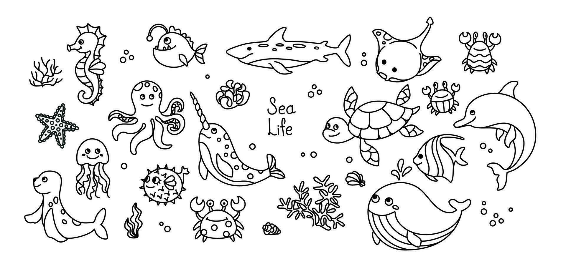 Sea animals, set of line illustration. Summer print. Vector. vector