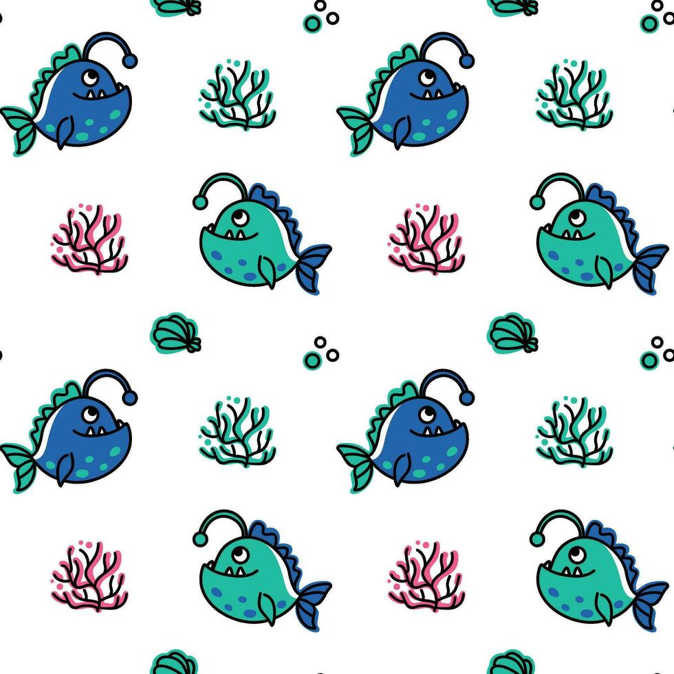 Angler fish with a lantern on its head, children's print . Summer collection. Vector. vector