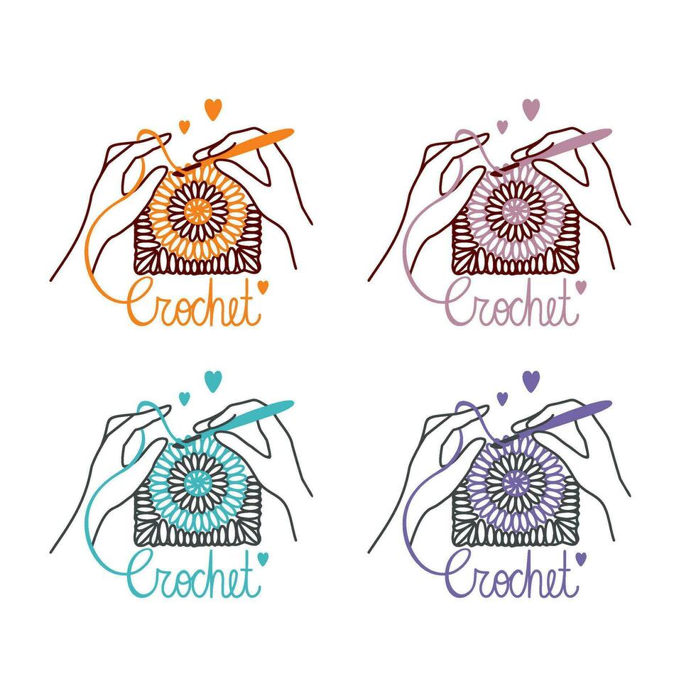 Crochet my favorite hobby. Grandma's Square pattern. Logo in different colors variants. Vector. vector
