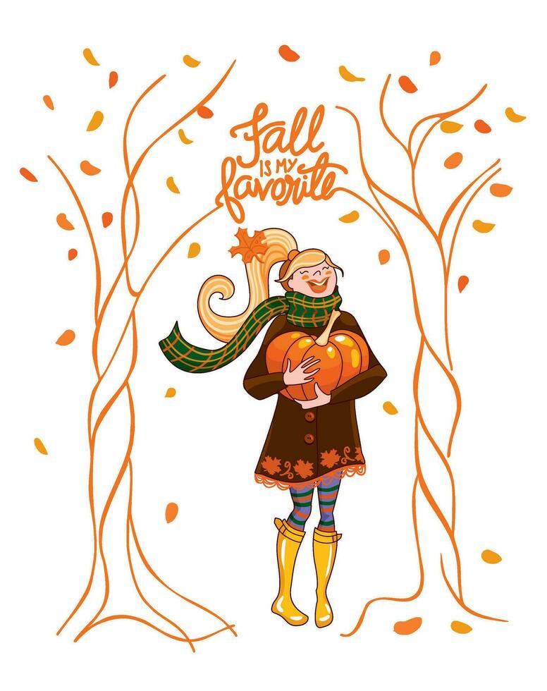 contento niña en el parque con un calabaza en su manos, otoño en naranja tonos, día festivo, naranja hoja, caminando en el parque, otoño ilustración vector