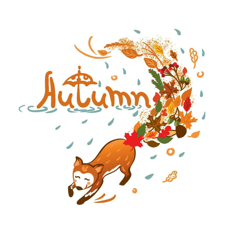 Cute fox walks in the autumn forest, rain, raindrops,  umbrella rain, autumn illustration in orange tones, vector