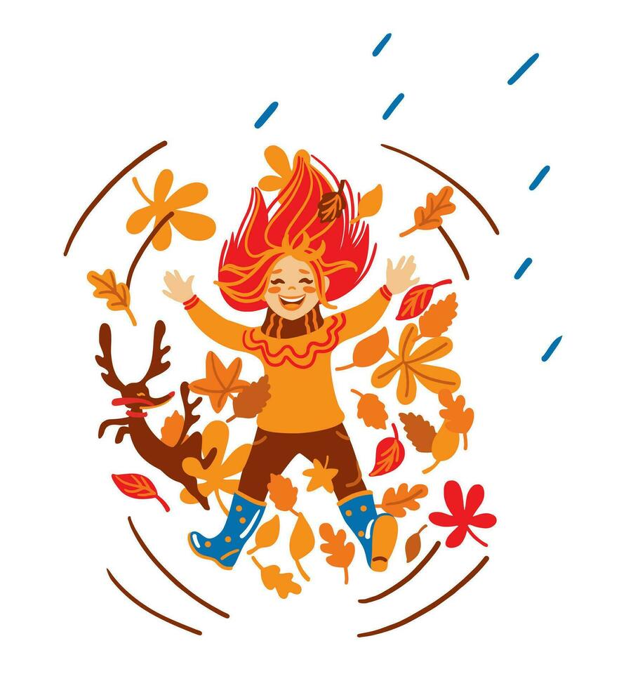 Girl making angel in autumn leaves.  Funny games in the autumn. Kids illustration. Vector. vector