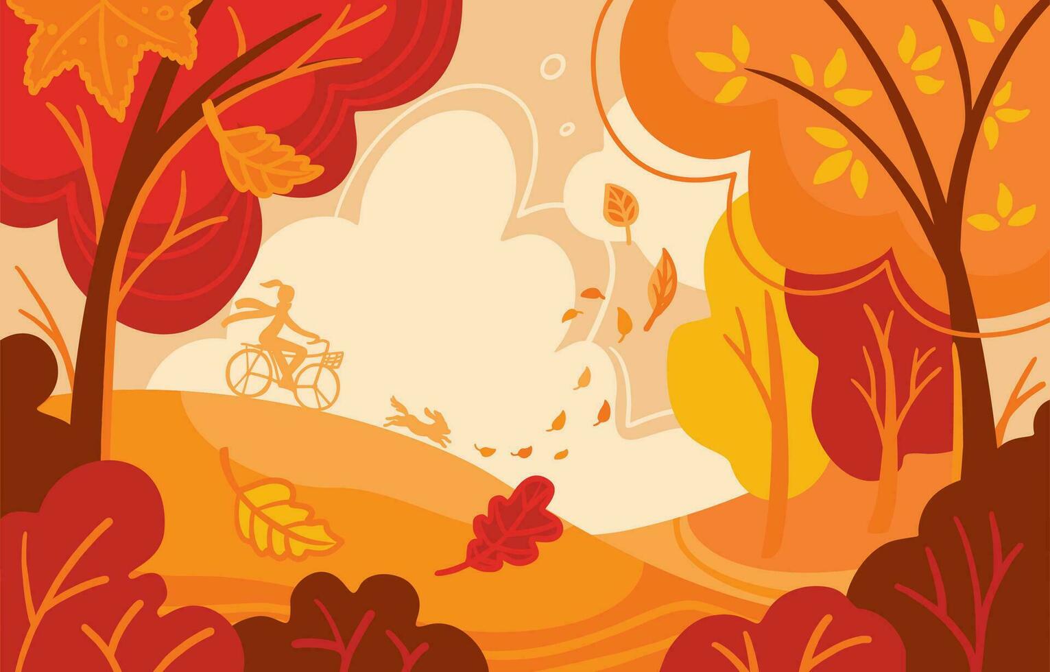 Girl on the bike walking on the autumn park with your dog. Autumn background. Vector illustration.