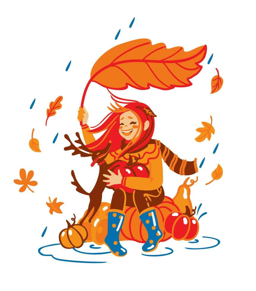 Girl and her dog hiding from the rain. Autumn season. Harvesting. Vector illustration.