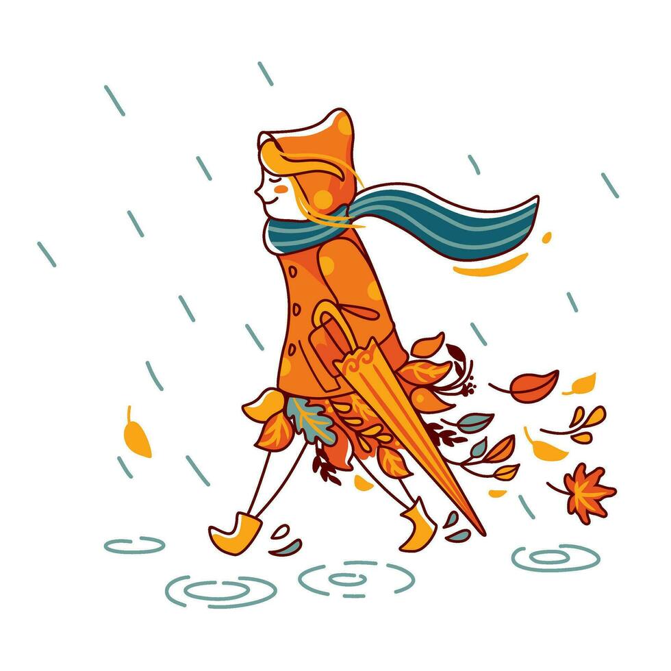 linda niña caminando en el lluvia en el parque. otoño estación. camina en el abierto aire. otoño ilustración. vector. vector