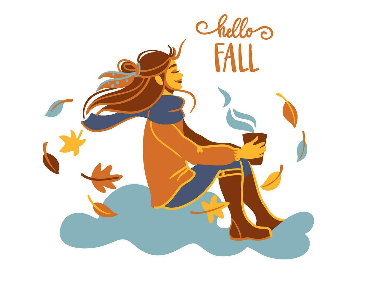 Cute girl enjoy autumn and drink hot drink. Autumn illustration. Hello wind.  Vector. vector