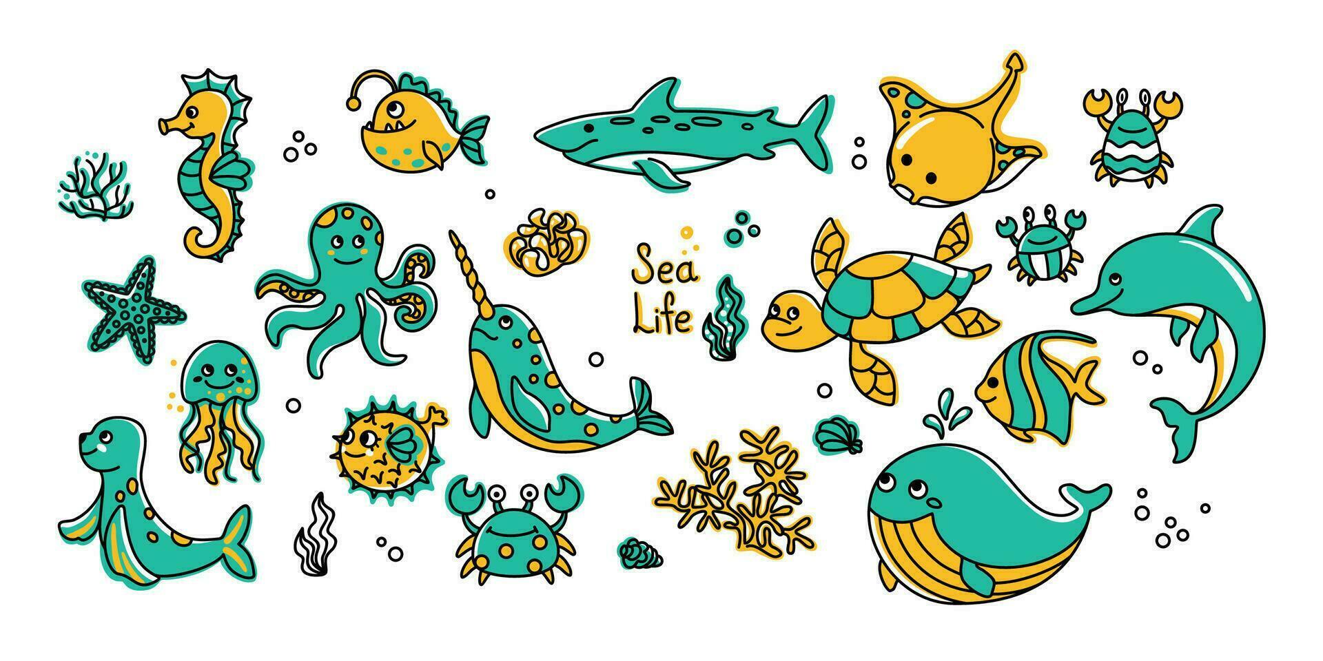 Sea animals, set of line illustration. Summer print. Vector. vector