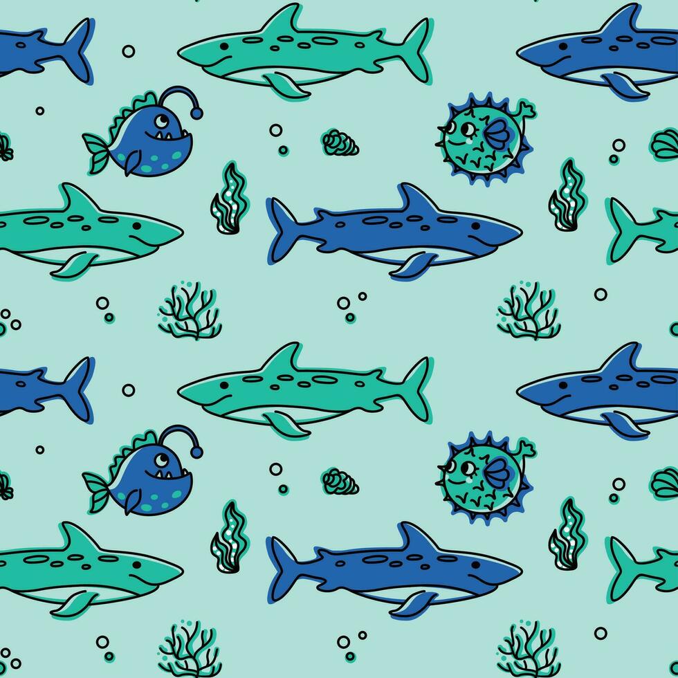 Shark, angelfish, hedgehog fish and other ocean animals. Summer print for kids textil and products. Vector. vector