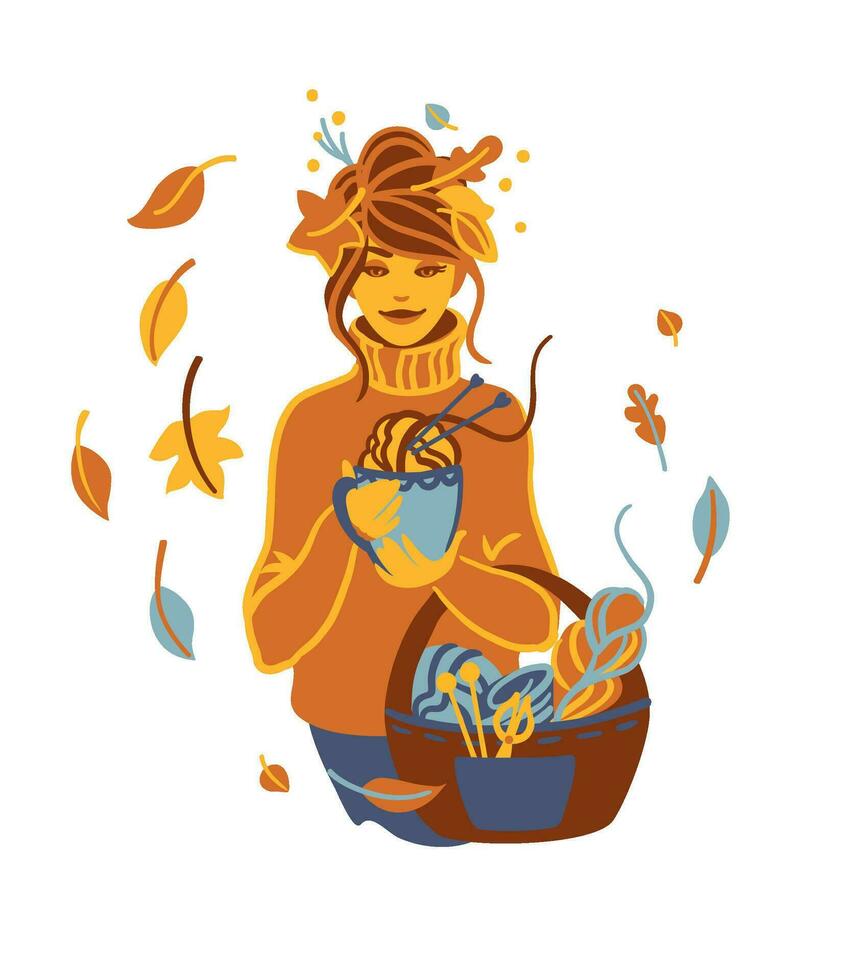 Cute girl with knitting project bag, autumn knitting season. Vector illustration.