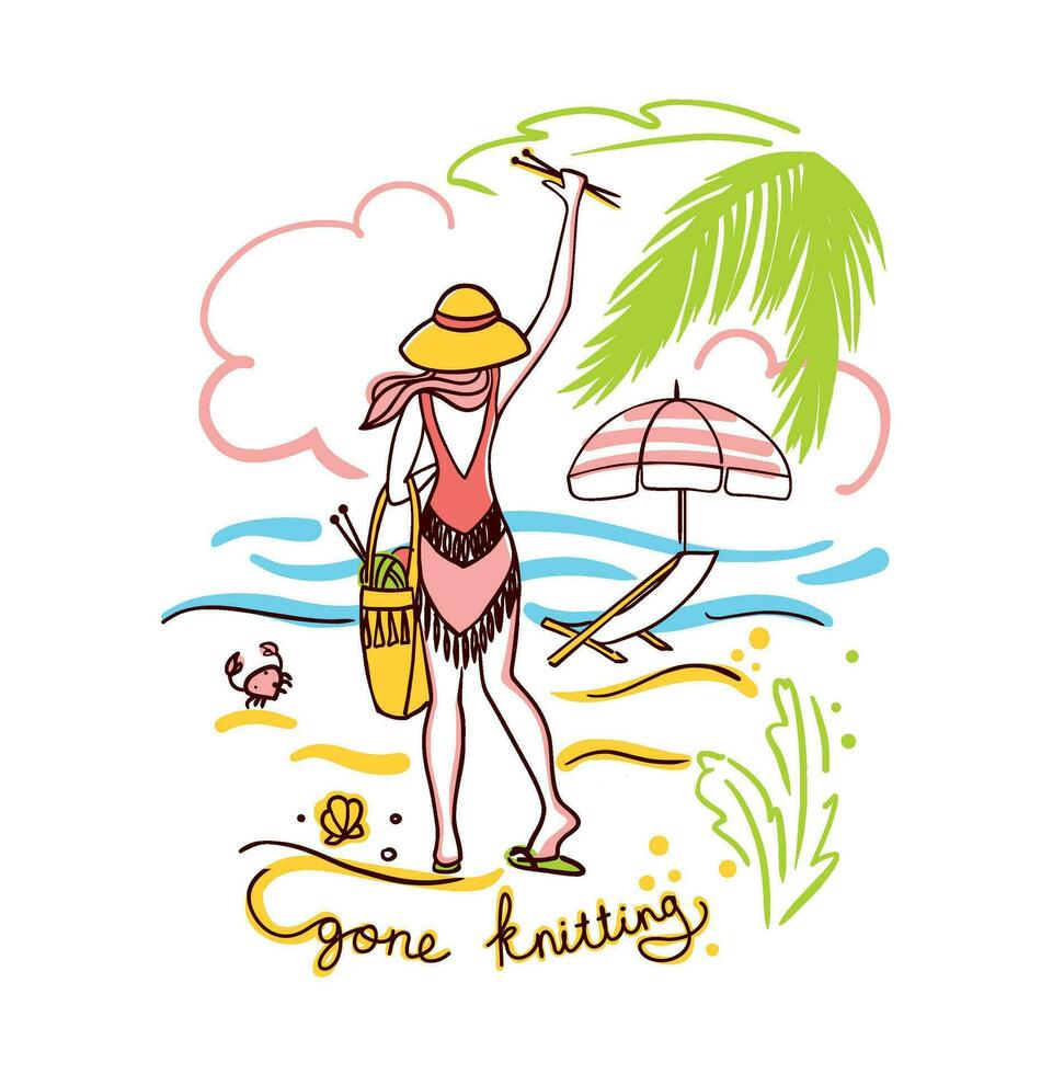 The girl goes to the beach to knit and relax. Summer knitting. World Wide Knit in Public Day.  Vector illustration.