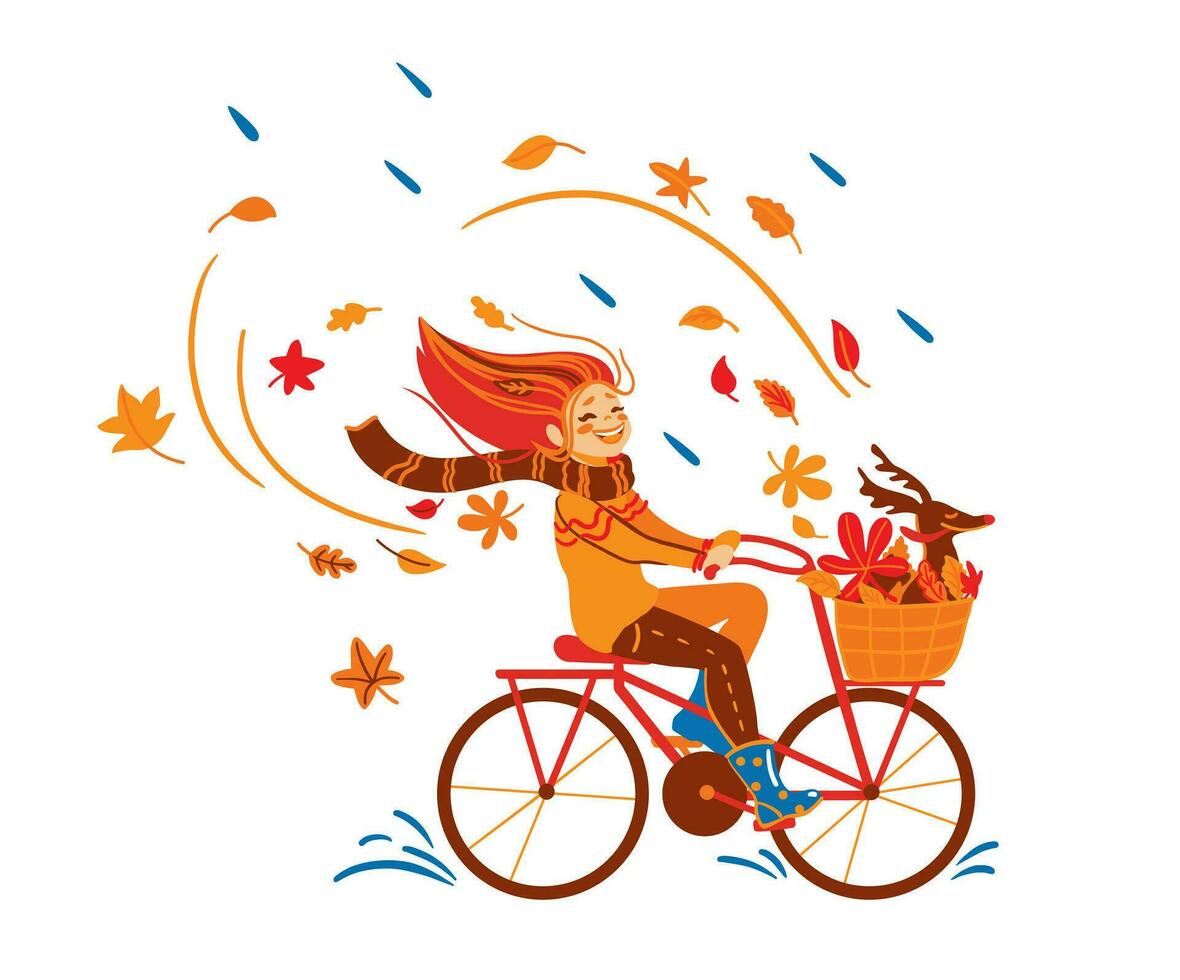 Girl rides a bike in the autumn park with her dog. Autumn mood.  Vector illustration.