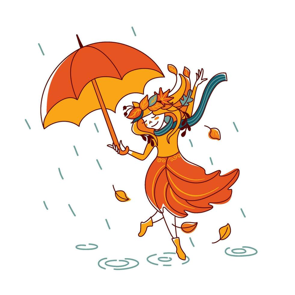 sonriente niña bailando en el lluvia. otoño ilustración. vector. vector