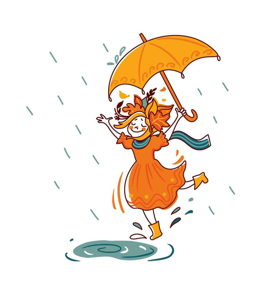 Cute girl jumping through puddles in autumn park. Vector illustration.