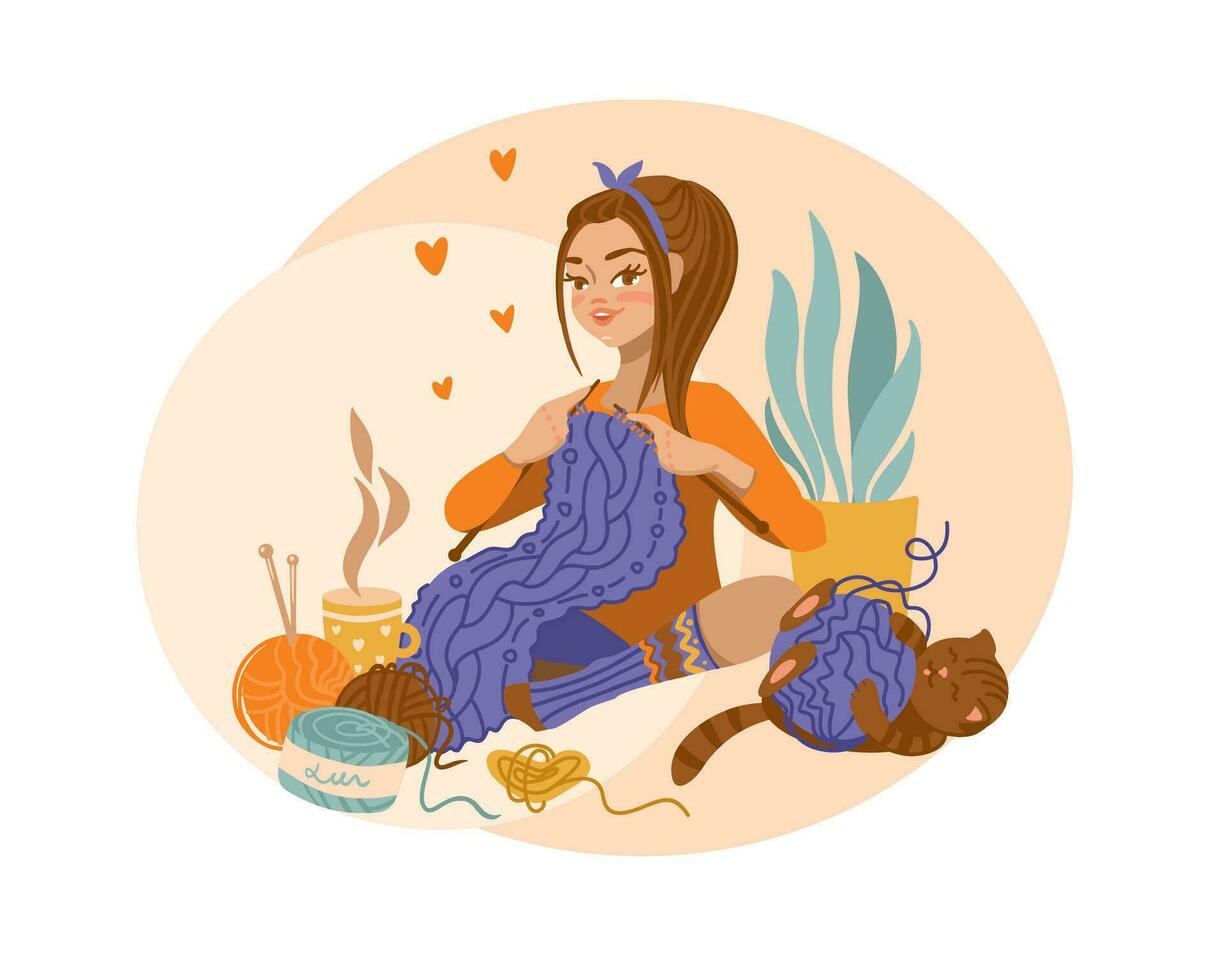 Cute girl knitting a scarf while sitting at home. Vector illustration.