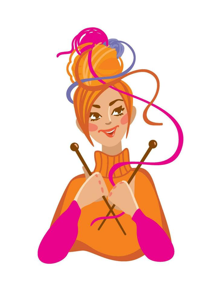 Nice girl holding knitting needles in her hands. Logo on the theme of knitting. Vector illustration.