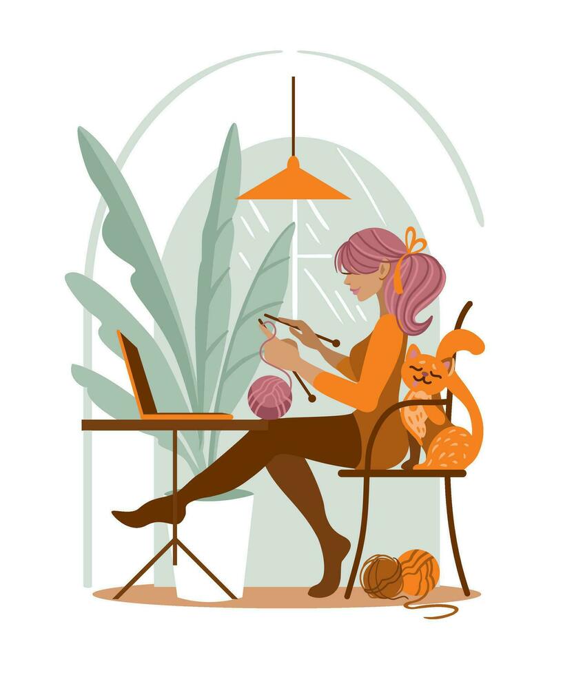 Woman learning to knit from video tutorial while sitting at home. Vector illustration.