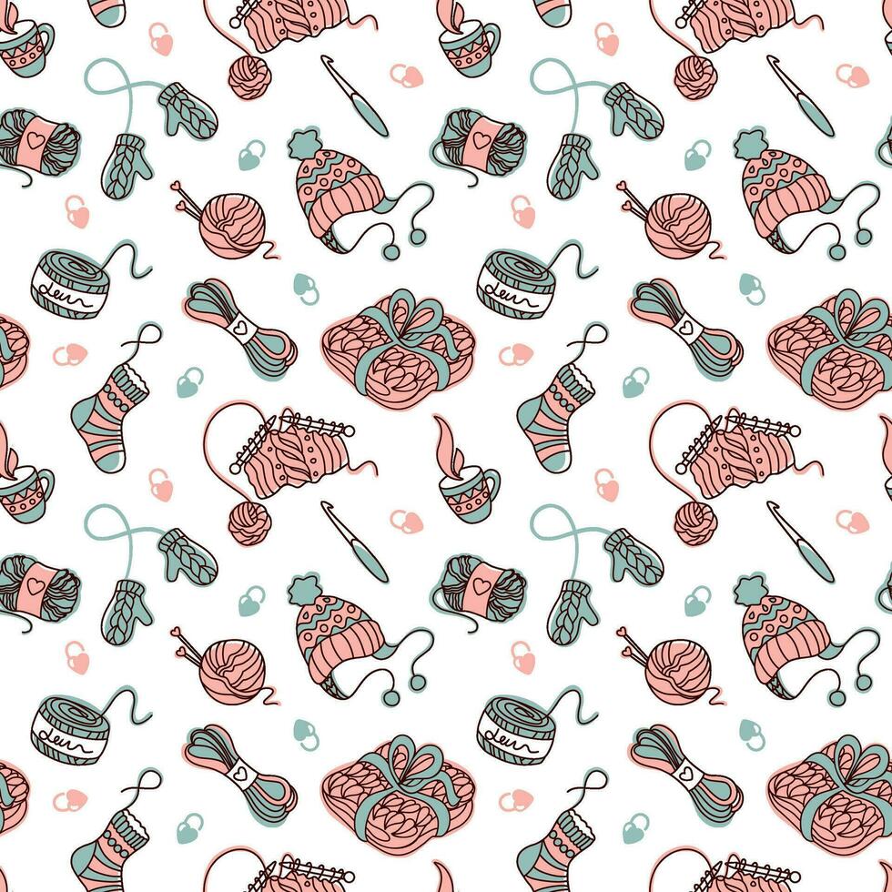Knitting and related objects. Seamless pattern for fabric, wrapping, textile, wallpaper, apparel. Vector. vector