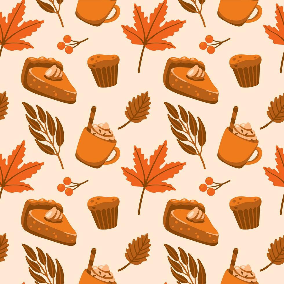 Different types of coffee and pastry, autumn leaves. Autumn mood. Seamless pattern in orange colores vector