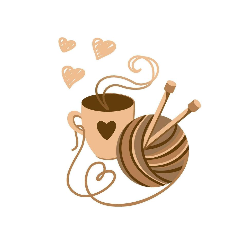 Knitting logo. Skein of yarn and a cup of hot coffee. Knitting illustration. Vector. vector