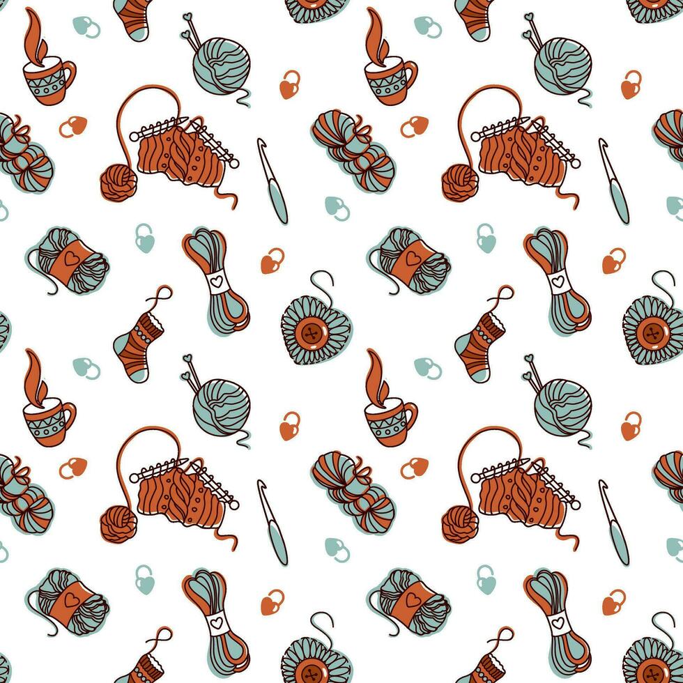 Knitting and related objects. Seamless pattern for fabric, wrapping, textile, wallpaper, apparel. Vector. vector