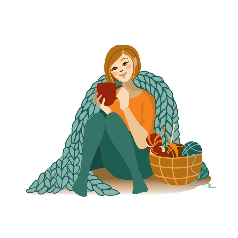 Pleasant pastime. Woman drinks tea knits. Hobby. vector