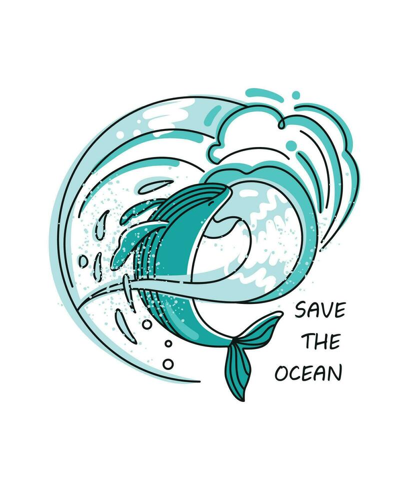 Save ocean. Eco label, hand drawn. Whale in the waves of the ocean. Vector. vector