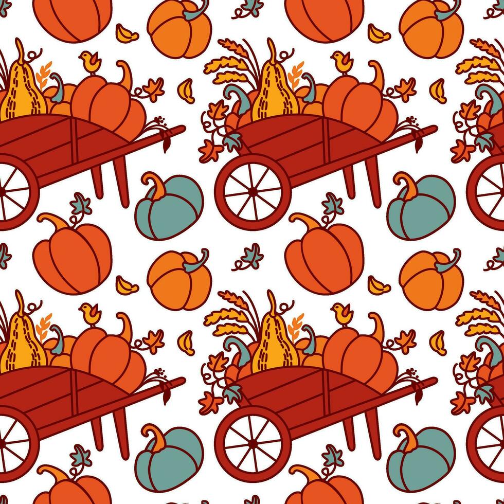 Pumpkin cart. Autumn illustration for fabric, wrapping, textile, wallpaper, apparel. Autumn season. Seamless pattern. Vector. vector