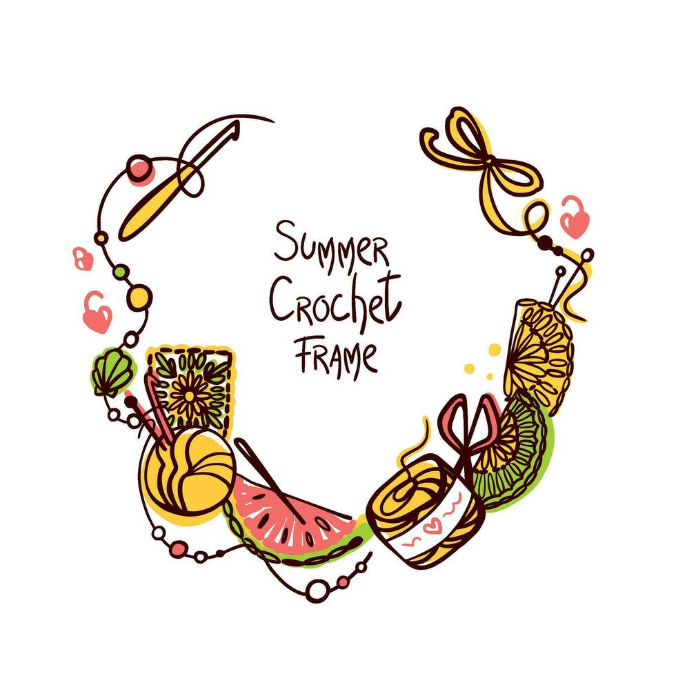 Crochet and knitting  hobby.  Summer crochet. Frame-decoration for a blog on knitting, magazine design and articles on knitting and needlework. Vector illustration.